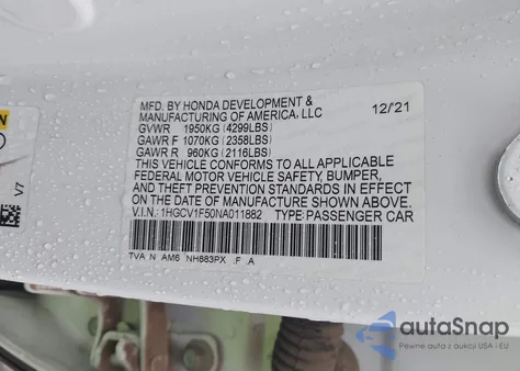 2022 Honda Accord Ex-L z USA, uszkodzony, nr VIN 1HGCV1F50NA011882